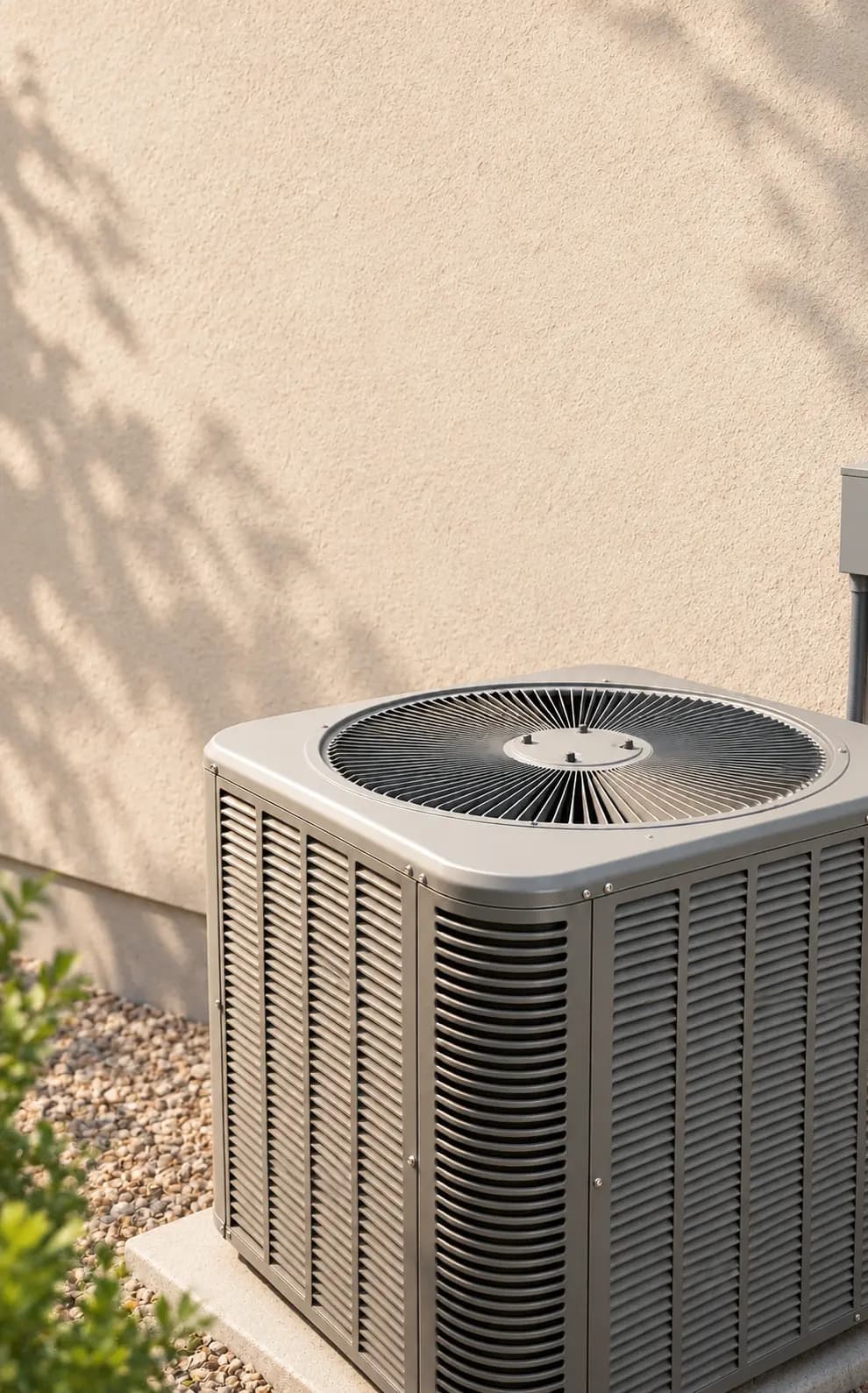 Heat pump condenser installed against a stucco wall