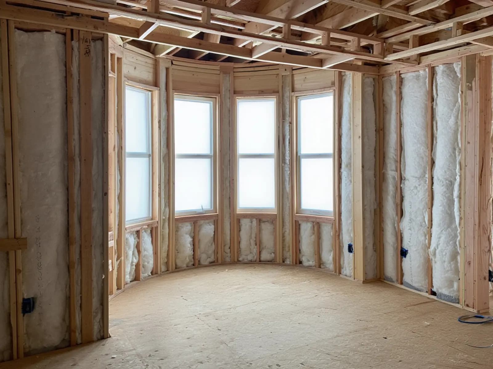 Bay window room with fiberglass batts installed between the wall studs